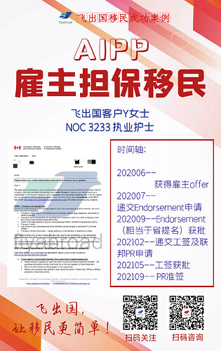 飞出国客户Y女士3233执业护士AIPP雇主担保移民PR准签